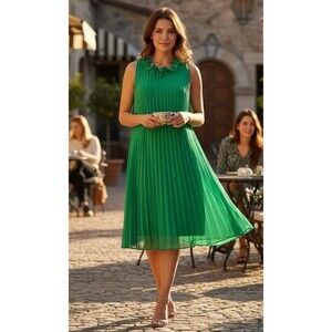 DESIGNER DKNY GREEN PLEATED SLEEVELESS PINTUCK COLLARED KNEE LENGTH SUMMER DRESS